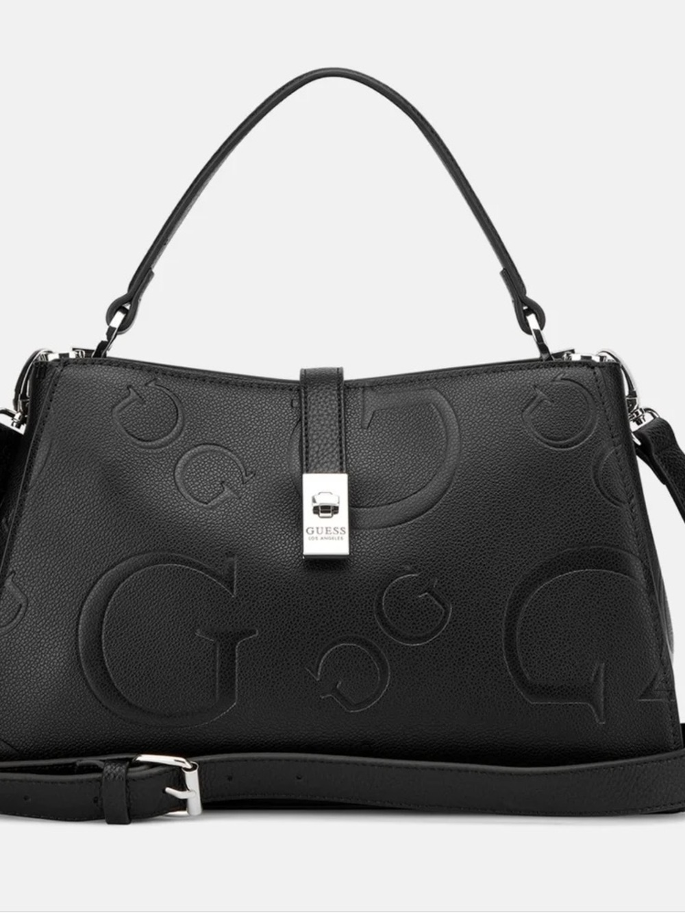 GUESS Black Embossed G Logo Satchel with Silver Hardware
